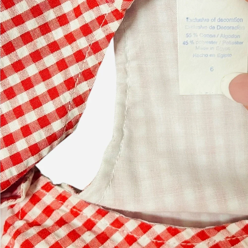 Girls 6 Samara gingham white red apron ruffled hem button detail graphic design